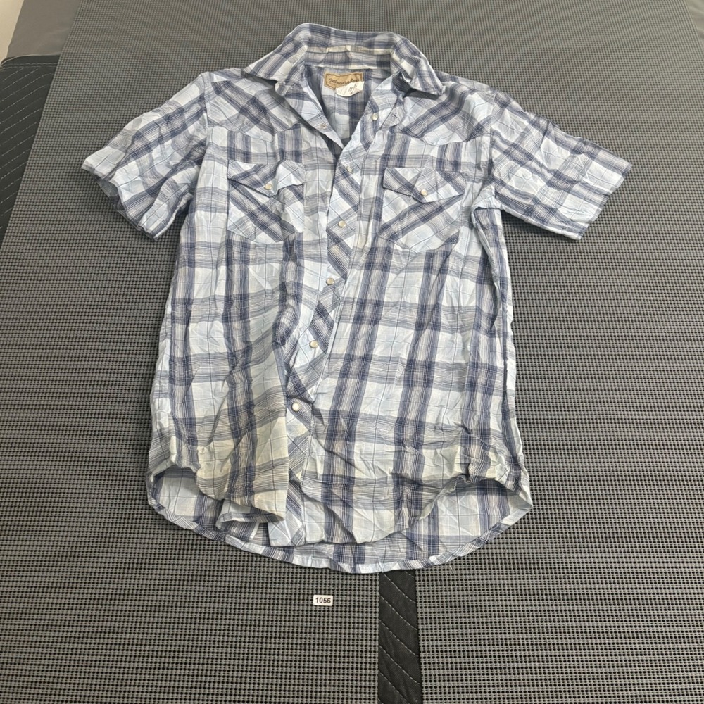 Wrangler Western Shirt Mens Medium Blue White Plaid Short Sleeve Pearl Snap